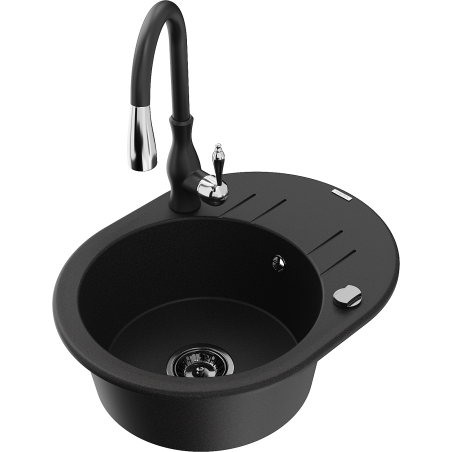 Mexen Kevin zlewozmywak granitowy 1-komorowy z ociekaczem i baterią kuchenną Savita, czarny - 6517-77-672601-70-B