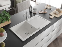 Mexen Leo zlewozmywak granitowy 1-komorowy z ociekaczem i baterią kuchenną Carla, biały - 6501-20-670700-00