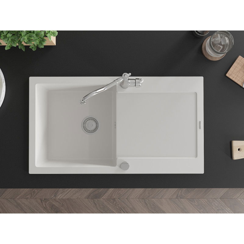 Mexen Leo zlewozmywak granitowy 1-komorowy z ociekaczem i baterią kuchenną Carla, biały - 6501-20-670700-00