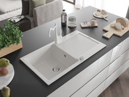 Mexen Leo zlewozmywak granitowy 1-komorowy z ociekaczem i baterią kuchenną Carla, biały - 6501-20-670700-20