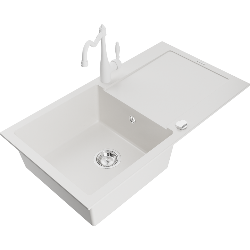 Mexen Leo zlewozmywak granitowy 1-komorowy z ociekaczem i baterią kuchenną Carla, biały - 6501-20-670700-20
