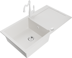 Mexen Leo zlewozmywak granitowy 1-komorowy z ociekaczem i baterią kuchenną Carla, biały - 6501-20-670700-20