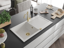 Mexen Leo zlewozmywak granitowy 1-komorowy z ociekaczem i baterią kuchenną Carla, biały - 6501-20-670700-50