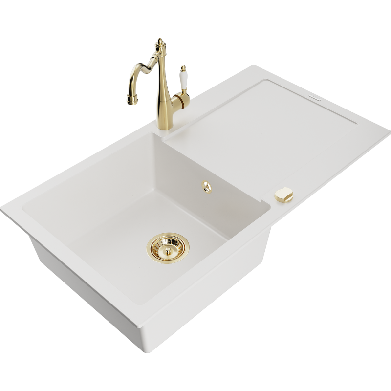 Mexen Leo zlewozmywak granitowy 1-komorowy z ociekaczem i baterią kuchenną Carla, biały - 6501-20-670700-50