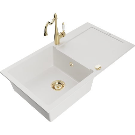 Mexen Leo zlewozmywak granitowy 1-komorowy z ociekaczem i baterią kuchenną Carla, biały - 6501-20-670700-50