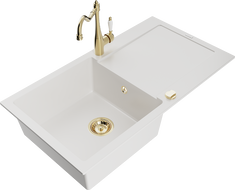 Mexen Leo zlewozmywak granitowy 1-komorowy z ociekaczem i baterią kuchenną Carla, biały - 6501-20-670700-50