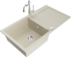 Mexen Leo zlewozmywak granitowy 1-komorowy z ociekaczem i baterią kuchenną Carla, beżowy - 6501-69-670700-00