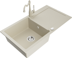 Mexen Leo zlewozmywak granitowy 1-komorowy z ociekaczem i baterią kuchenną Carla, beżowy - 6501-69-670700-69