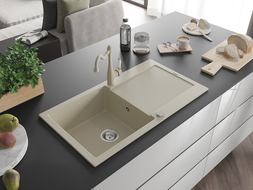 Mexen Leo zlewozmywak granitowy 1-komorowy z ociekaczem i baterią kuchenną Carla, beżowy - 6501-69-670700-69