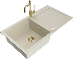 Mexen Leo zlewozmywak granitowy 1-komorowy z ociekaczem i baterią kuchenną Carla, beżowy - 6501-69-670700-50