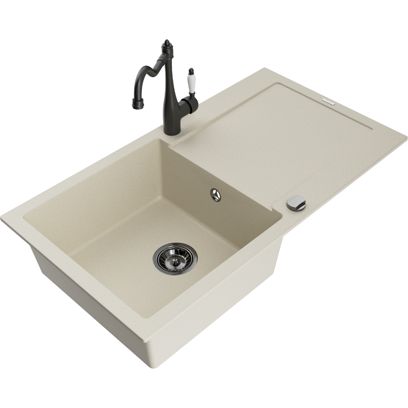 Mexen Leo zlewozmywak granitowy 1-komorowy z ociekaczem i baterią kuchenną Carla, beżowy - 6501-69-670700-70