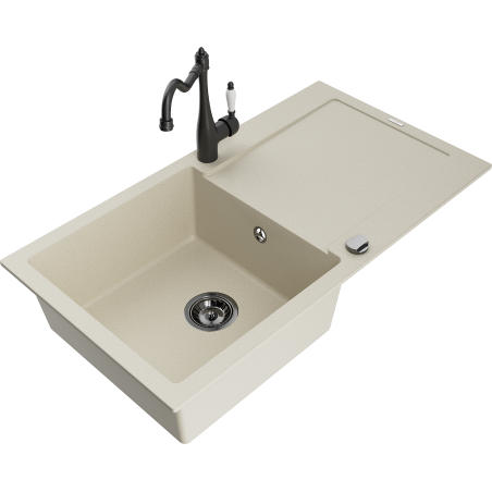 Mexen Leo zlewozmywak granitowy 1-komorowy z ociekaczem i baterią kuchenną Carla, beżowy - 6501-69-670700-70