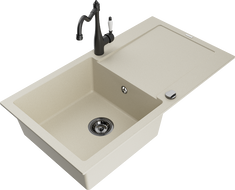 Mexen Leo zlewozmywak granitowy 1-komorowy z ociekaczem i baterią kuchenną Carla, beżowy - 6501-69-670700-70