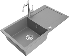Mexen Leo zlewozmywak granitowy 1-komorowy z ociekaczem i baterią kuchenną Carla, szary - 6501-71-670700-00