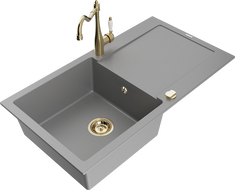 Mexen Leo zlewozmywak granitowy 1-komorowy z ociekaczem i baterią kuchenną Carla, szary - 6501-71-670700-50