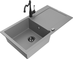 Mexen Leo zlewozmywak granitowy 1-komorowy z ociekaczem i baterią kuchenną Carla, szary - 6501-71-670700-70-B