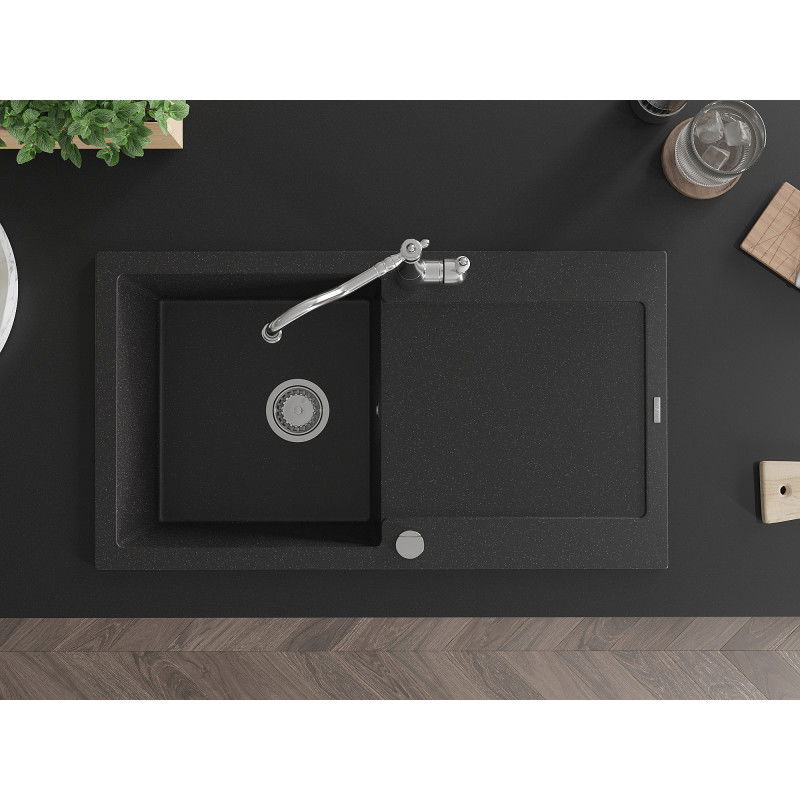 Mexen Leo zlewozmywak granitowy 1-komorowy z ociekaczem i baterią kuchenną Carla, czarny/srebrny metalik - 6501-73-670700-00