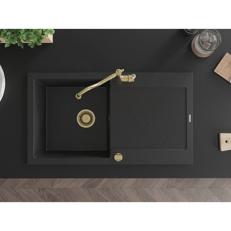 Mexen Leo zlewozmywak granitowy 1-komorowy z ociekaczem i baterią kuchenną Carla, czarny/srebrny metalik - 6501-73-670700-50