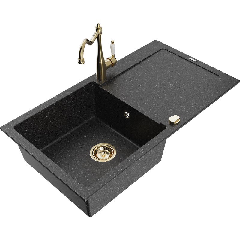 Mexen Leo zlewozmywak granitowy 1-komorowy z ociekaczem i baterią kuchenną Carla, czarny/srebrny metalik - 6501-73-670700-50