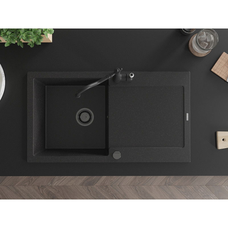 Mexen Leo zlewozmywak granitowy 1-komorowy z ociekaczem i baterią kuchenną Carla, czarny/srebrny metalik - 6501-73-670700-70-B