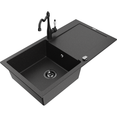 Mexen Leo zlewozmywak granitowy 1-komorowy z ociekaczem i baterią kuchenną Carla, czarny/srebrny metalik - 6501-73-670700-70-B