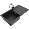 Mexen Leo zlewozmywak granitowy 1-komorowy z ociekaczem i baterią kuchenną Carla, czarny/srebrny metalik - 6501-73-670700-70-B