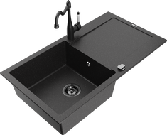 Mexen Leo zlewozmywak granitowy 1-komorowy z ociekaczem i baterią kuchenną Carla, czarny/srebrny metalik - 6501-73-670700-70-B