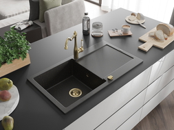 Mexen Leo zlewozmywak granitowy 1-komorowy z ociekaczem i baterią kuchenną Carla, czarny/złoty metalik - 6501-75-670700-50