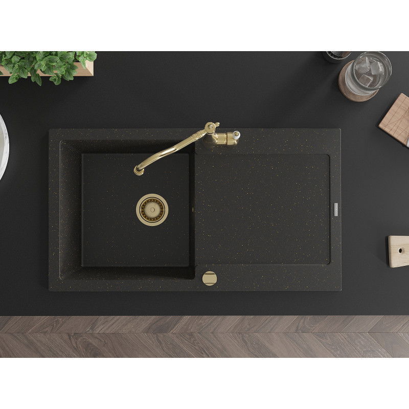 Mexen Leo zlewozmywak granitowy 1-komorowy z ociekaczem i baterią kuchenną Carla, czarny/złoty metalik - 6501-75-670700-50