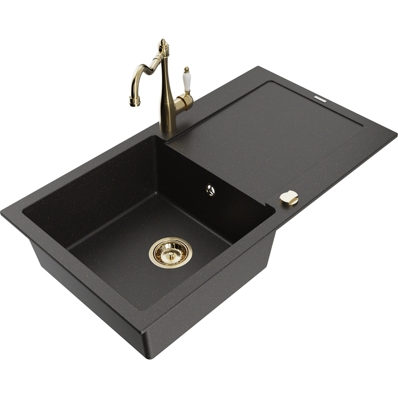Mexen Leo zlewozmywak granitowy 1-komorowy z ociekaczem i baterią kuchenną Carla, czarny/złoty metalik - 6501-75-670700-50
