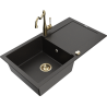 Mexen Leo zlewozmywak granitowy 1-komorowy z ociekaczem i baterią kuchenną Carla, czarny/złoty metalik - 6501-75-670700-50