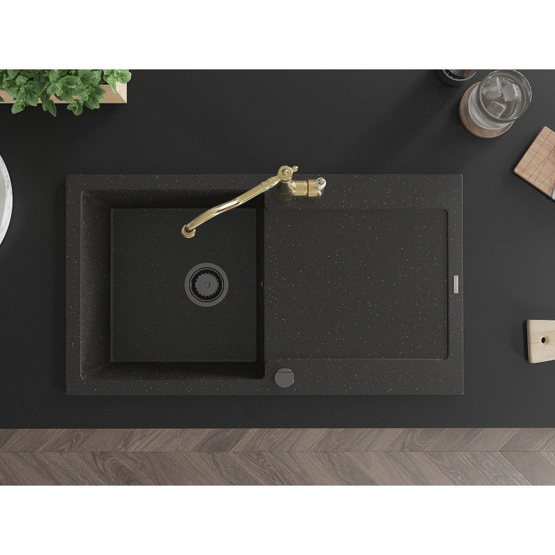 Mexen Leo zlewozmywak granitowy 1-komorowy z ociekaczem i baterią kuchenną Carla, czarny/złoty metalik - 6501-75-670700-50-B