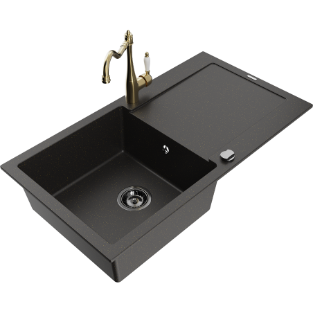 Mexen Leo zlewozmywak granitowy 1-komorowy z ociekaczem i baterią kuchenną Carla, czarny/złoty metalik - 6501-75-670700-50-B