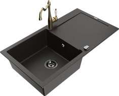 Mexen Leo zlewozmywak granitowy 1-komorowy z ociekaczem i baterią kuchenną Carla, czarny/złoty metalik - 6501-75-670700-50-B