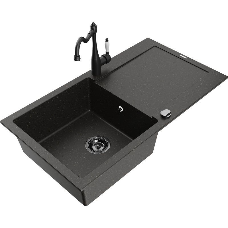 Mexen Leo zlewozmywak granitowy 1-komorowy z ociekaczem i baterią kuchenną Carla, czarny/złoty metalik - 6501-75-670700-70-B