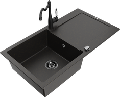 Mexen Leo zlewozmywak granitowy 1-komorowy z ociekaczem i baterią kuchenną Carla, czarny/złoty metalik - 6501-75-670700-70-B