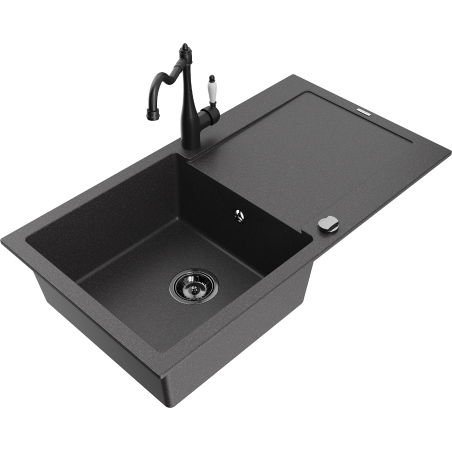 Mexen Leo zlewozmywak granitowy 1-komorowy z ociekaczem i baterią kuchenną Carla, czarny nakrapiany - 6501-76-670700-70-B