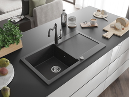 Mexen Leo zlewozmywak granitowy 1-komorowy z ociekaczem i baterią kuchenną Carla, czarny nakrapiany - 6501-76-670700-76