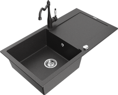 Mexen Leo zlewozmywak granitowy 1-komorowy z ociekaczem i baterią kuchenną Carla, czarny nakrapiany - 6501-76-670700-76