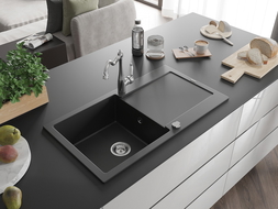 Mexen Leo zlewozmywak granitowy 1-komorowy z ociekaczem i baterią kuchenną Carla, czarny - 6501-77-670700-00