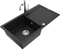 Mexen Leo zlewozmywak granitowy 1-komorowy z ociekaczem i baterią kuchenną Carla, czarny - 6501-77-670700-00
