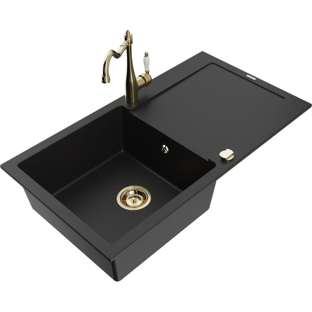 Mexen Leo zlewozmywak granitowy 1-komorowy z ociekaczem i baterią kuchenną Carla, czarny - 6501-77-670700-50