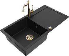 Mexen Leo zlewozmywak granitowy 1-komorowy z ociekaczem i baterią kuchenną Carla, czarny - 6501-77-670700-50