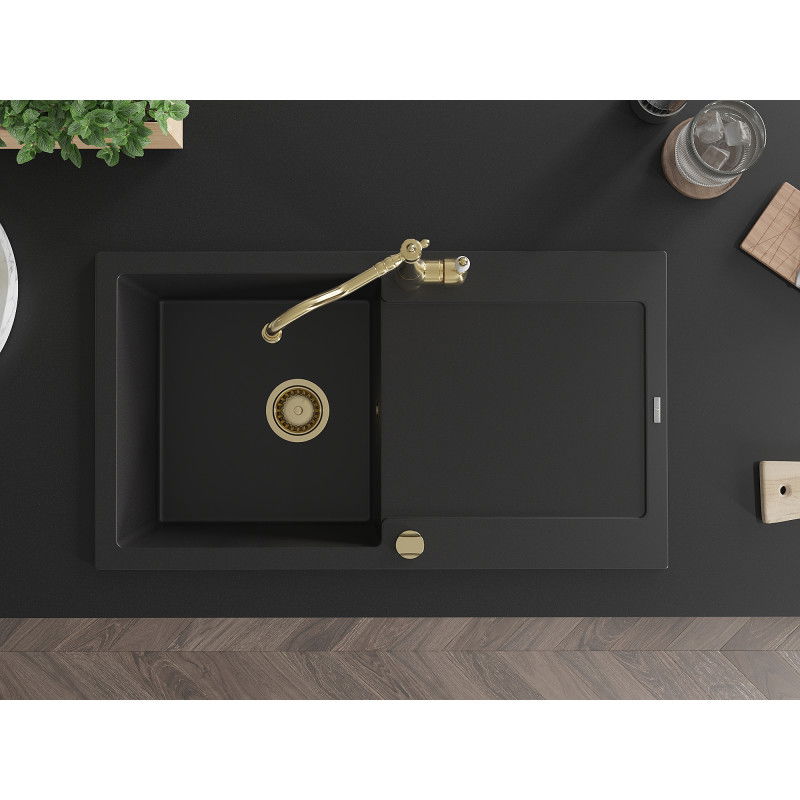 Mexen Leo zlewozmywak granitowy 1-komorowy z ociekaczem i baterią kuchenną Carla, czarny - 6501-77-670700-50