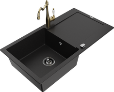 Mexen Leo zlewozmywak granitowy 1-komorowy z ociekaczem i baterią kuchenną Carla, czarny - 6501-77-670700-50-B