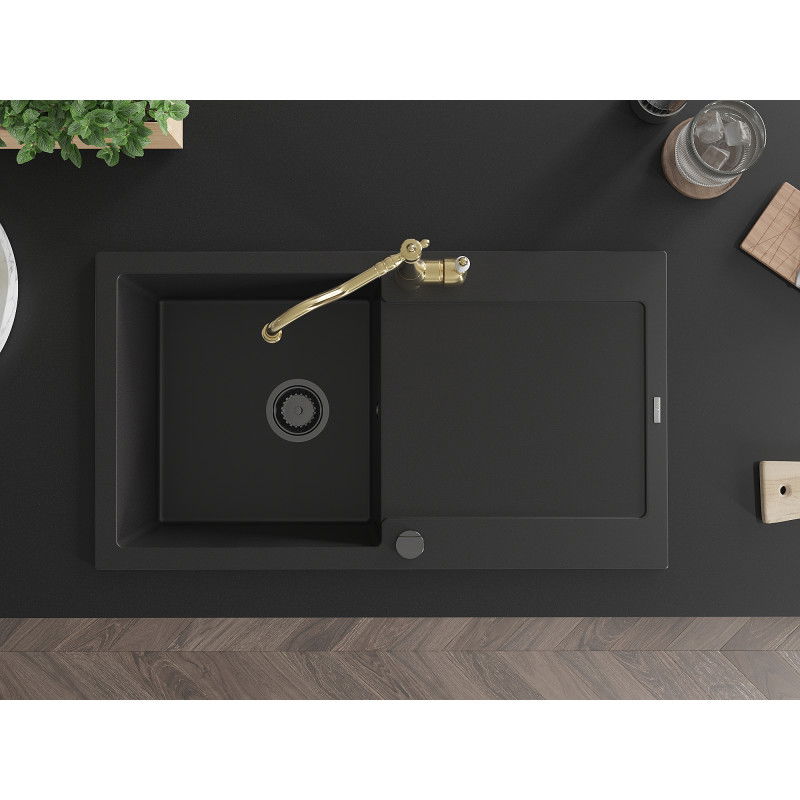 Mexen Leo zlewozmywak granitowy 1-komorowy z ociekaczem i baterią kuchenną Carla, czarny - 6501-77-670700-50-B