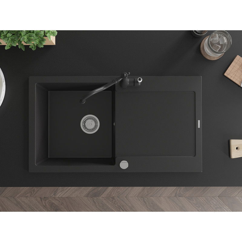 Mexen Leo zlewozmywak granitowy 1-komorowy z ociekaczem i baterią kuchenną Carla, czarny - 6501-77-670700-70