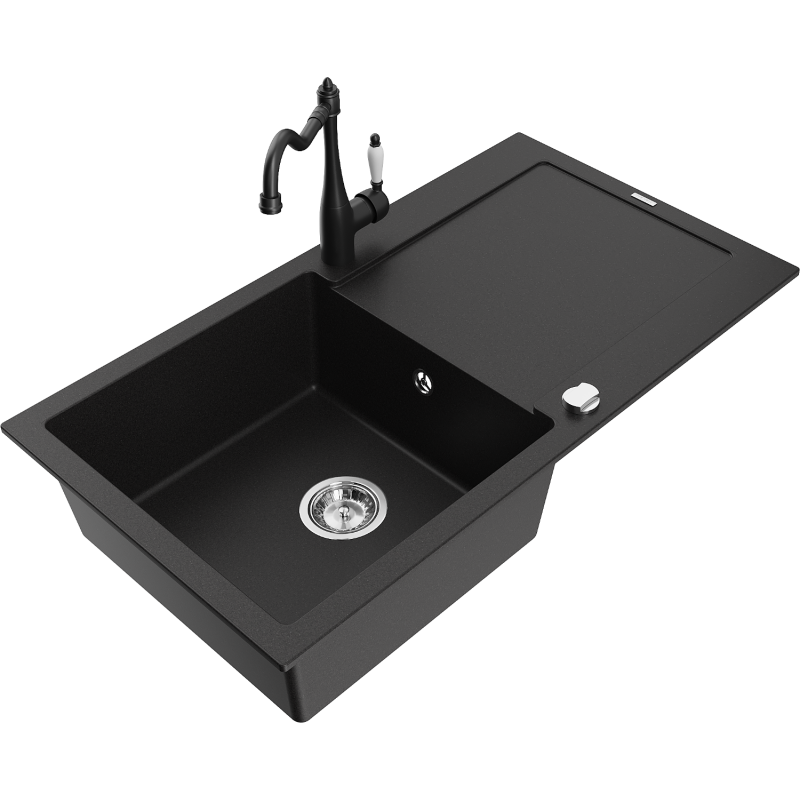 Mexen Leo zlewozmywak granitowy 1-komorowy z ociekaczem i baterią kuchenną Carla, czarny - 6501-77-670700-70