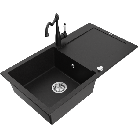 Mexen Leo zlewozmywak granitowy 1-komorowy z ociekaczem i baterią kuchenną Carla, czarny - 6501-77-670700-70