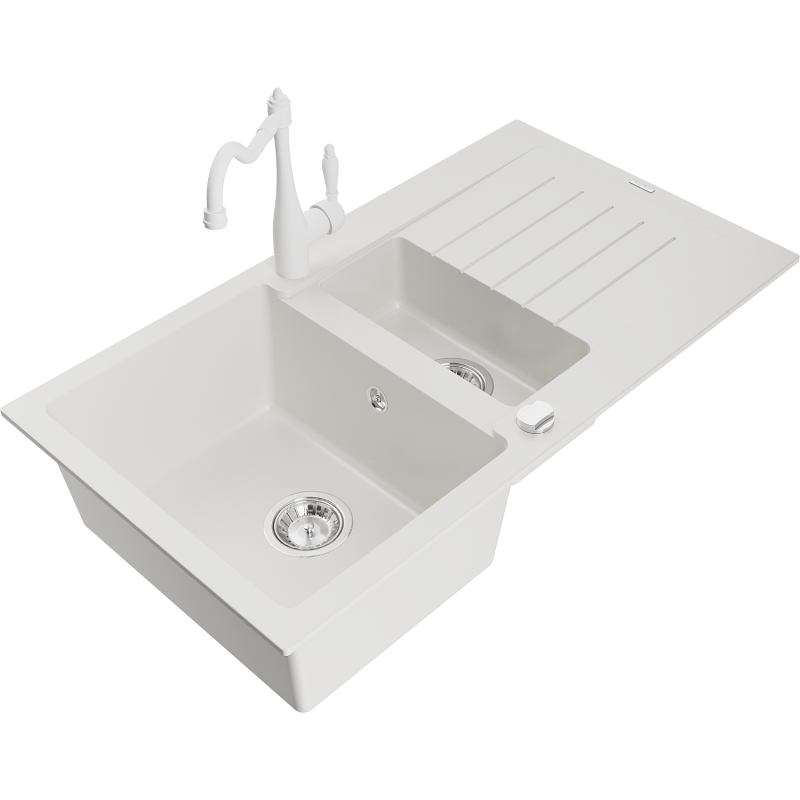 Mexen Matias zlewozmywak granitowy 1,5-komorowy z ociekaczem i baterią kuchenną Carla, biały - 6502-20-670700-20